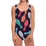 Watercolor Bowling Pins Pattern Print One Piece Swimsuit