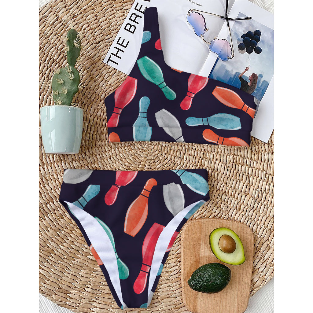 Watercolor Bowling Pins Pattern Print One Shoulder Bikini Top