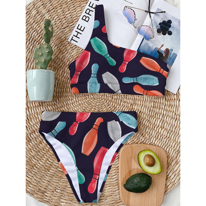 Watercolor Bowling Pins Pattern Print One Shoulder Bikini Top