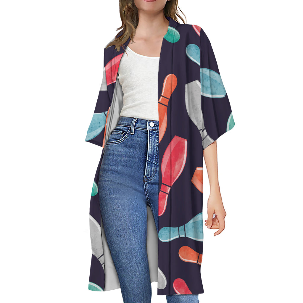 Watercolor Bowling Pins Pattern Print Open Front Beach Cover Up