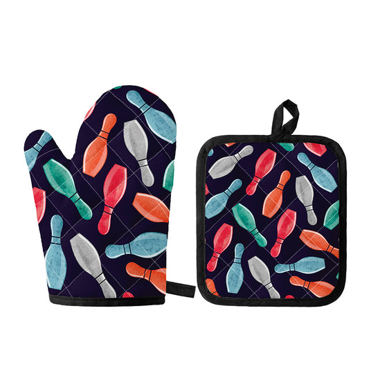 Watercolor Bowling Pins Pattern Print Oven Mitt And Pot Holder Set