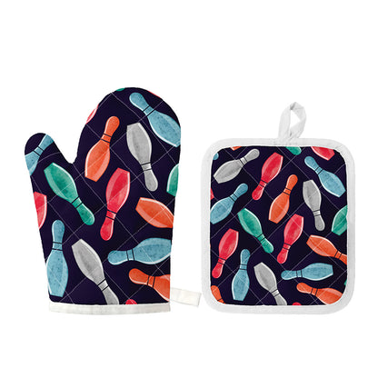 Watercolor Bowling Pins Pattern Print Oven Mitt And Pot Holder Set