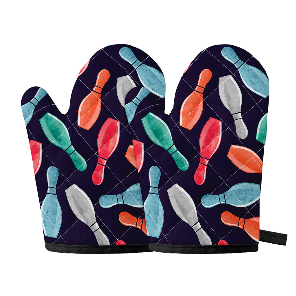Watercolor Bowling Pins Pattern Print Oven Mitts