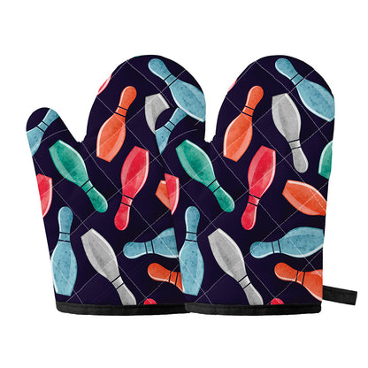 Watercolor Bowling Pins Pattern Print Oven Mitts