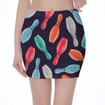 Watercolor Bowling Pins Pattern Print Pencil Mini Skirt