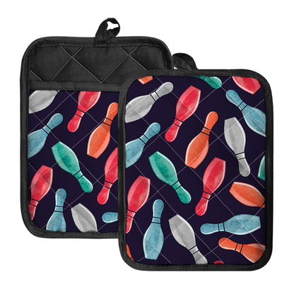 Watercolor Bowling Pins Pattern Print Pot Holders With Pocket