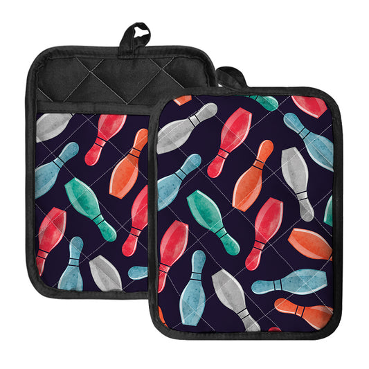 Watercolor Bowling Pins Pattern Print Pot Holders With Pocket