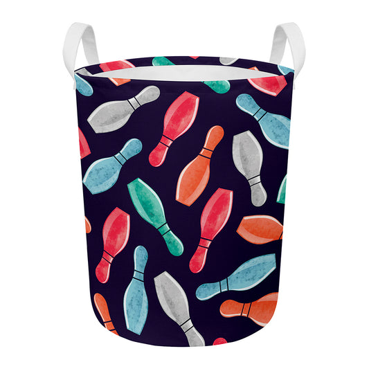 Watercolor Bowling Pins Pattern Print Round Laundry Basket