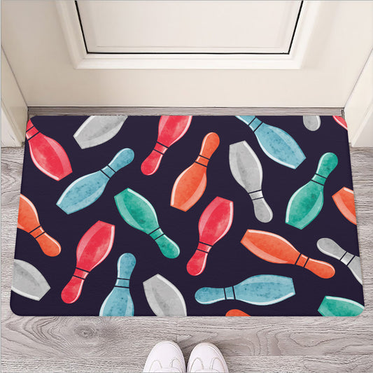 Watercolor Bowling Pins Pattern Print Rubber Doormat