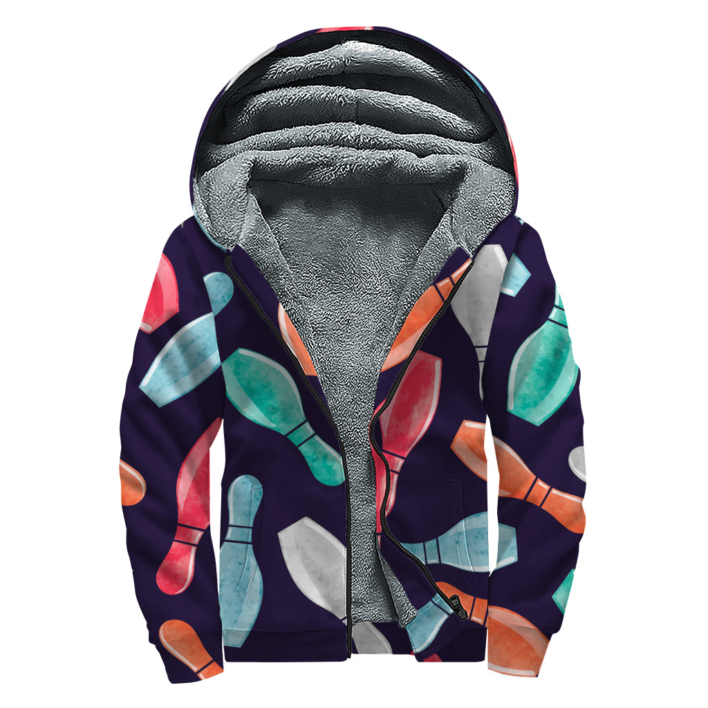 Watercolor Bowling Pins Pattern Print Sherpa Lined Zip Up Hoodie
