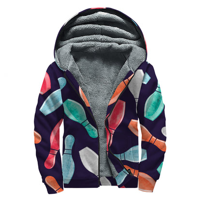 Watercolor Bowling Pins Pattern Print Sherpa Lined Zip Up Hoodie