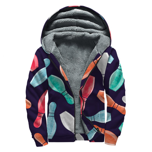 Watercolor Bowling Pins Pattern Print Sherpa Lined Zip Up Hoodie