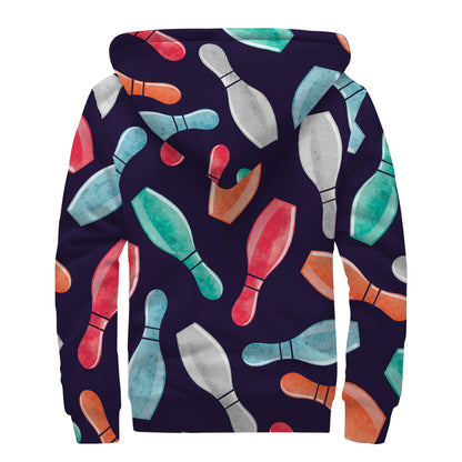 Watercolor Bowling Pins Pattern Print Sherpa Lined Zip Up Hoodie