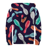 Watercolor Bowling Pins Pattern Print Sherpa Lined Zip Up Hoodie
