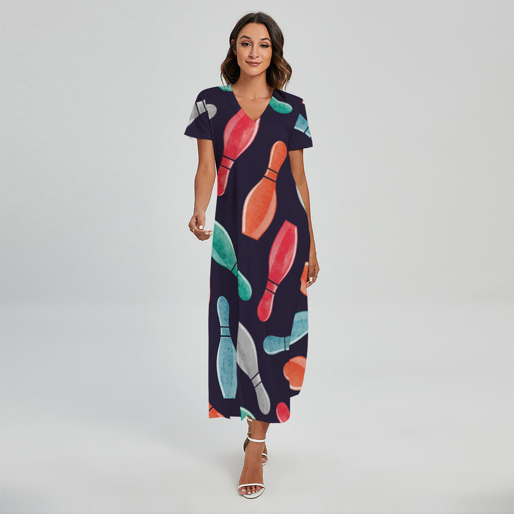 Watercolor Bowling Pins Pattern Print Short Sleeve Maxi Dress