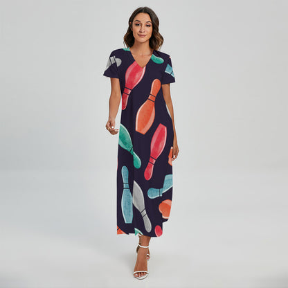 Watercolor Bowling Pins Pattern Print Short Sleeve Maxi Dress