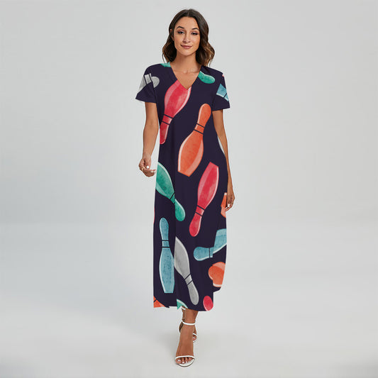 Watercolor Bowling Pins Pattern Print Short Sleeve Maxi Dress