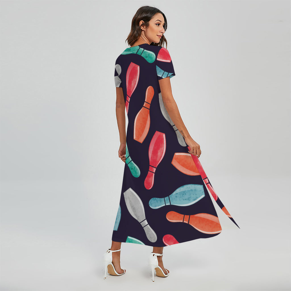 Watercolor Bowling Pins Pattern Print Short Sleeve Maxi Dress