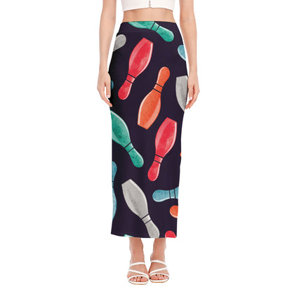 Watercolor Bowling Pins Pattern Print Side Slit Maxi Skirt