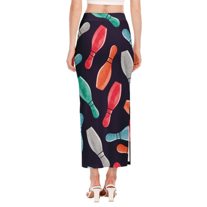 Watercolor Bowling Pins Pattern Print Side Slit Maxi Skirt