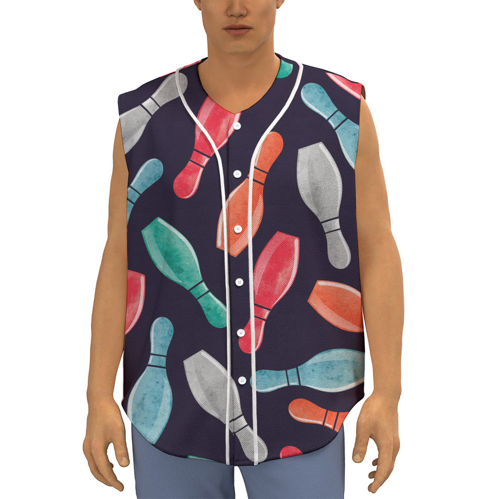 Watercolor Bowling Pins Pattern Print Sleeveless Baseball Jersey