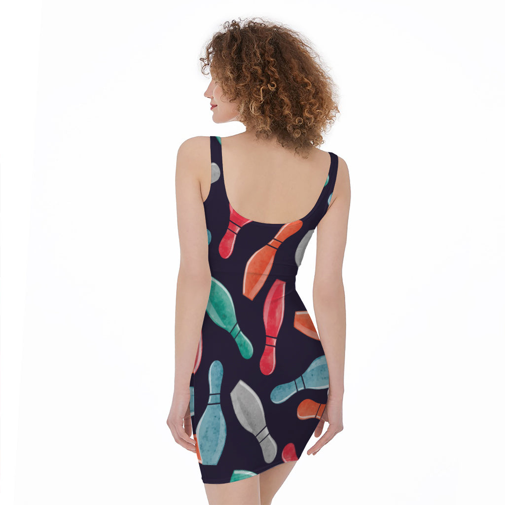 Watercolor Bowling Pins Pattern Print Sleeveless Bodycon Dress