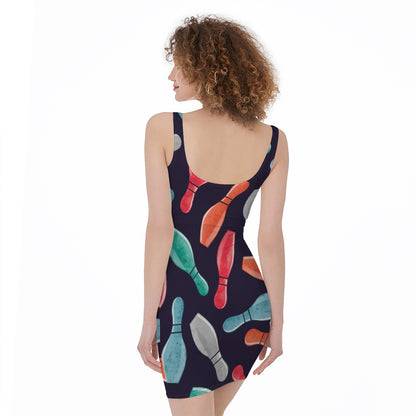 Watercolor Bowling Pins Pattern Print Sleeveless Bodycon Dress