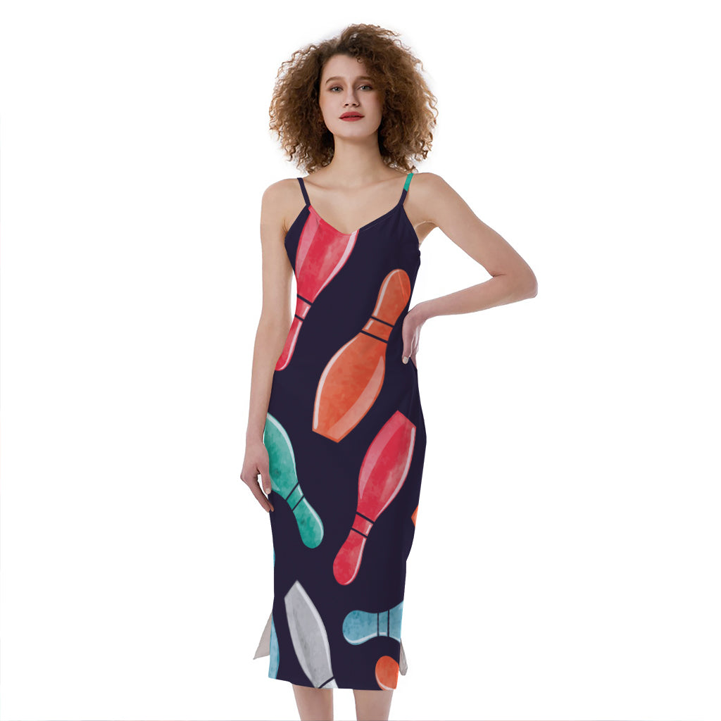 Watercolor Bowling Pins Pattern Print Slim Fit Midi Cami Dress