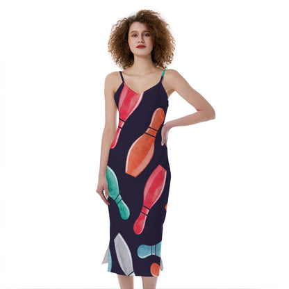 Watercolor Bowling Pins Pattern Print Slim Fit Midi Cami Dress