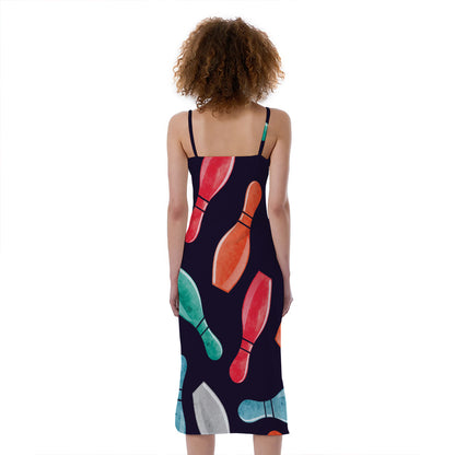 Watercolor Bowling Pins Pattern Print Slim Fit Midi Cami Dress