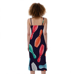 Watercolor Bowling Pins Pattern Print Slim Fit Midi Cami Dress