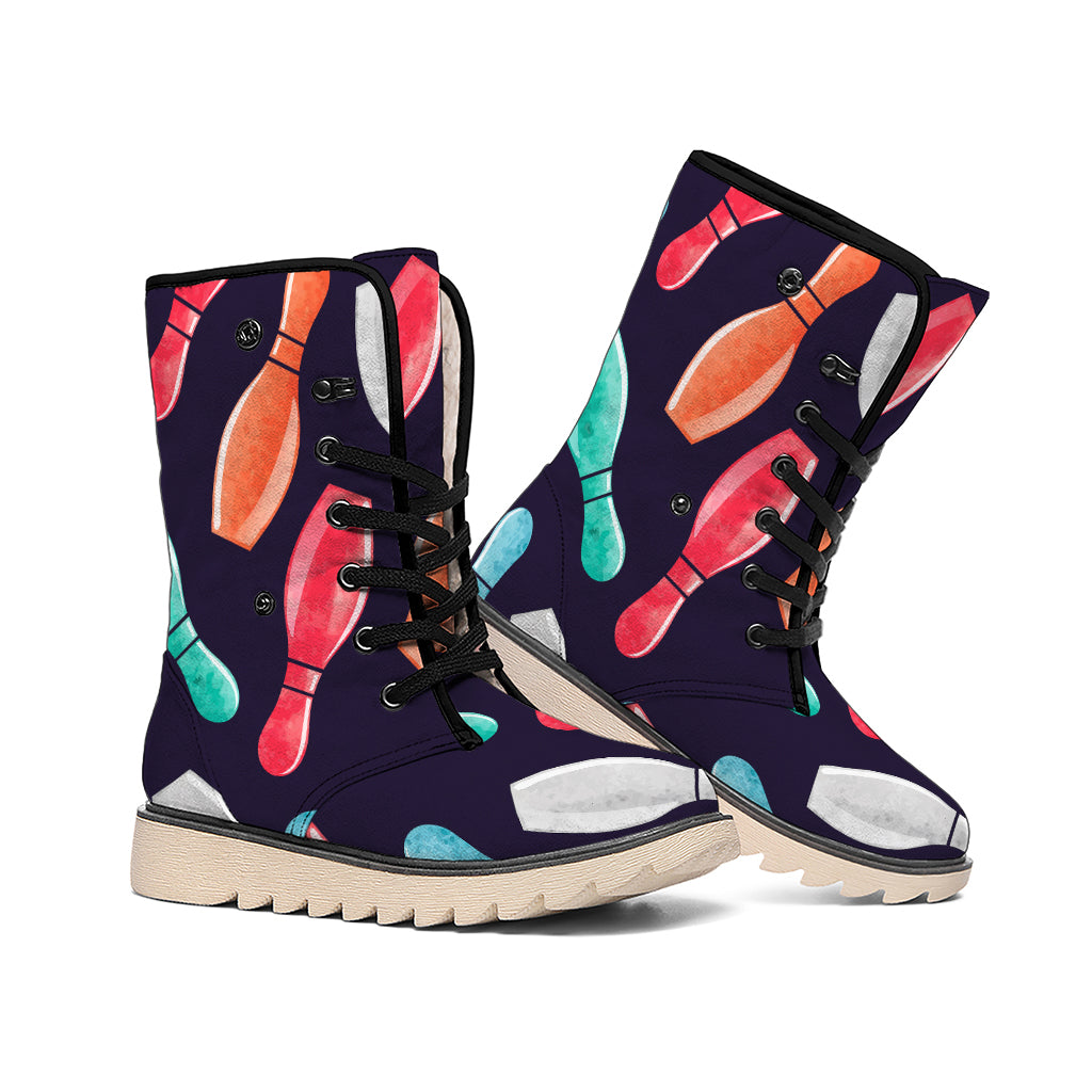 Watercolor Bowling Pins Pattern Print Winter Boots