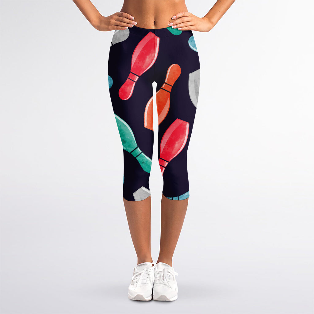 Watercolor Bowling Pins Pattern Print Women's Capri Leggings
