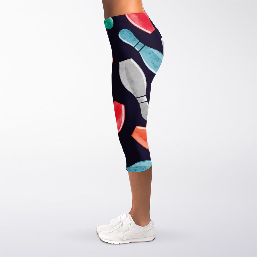 Watercolor Bowling Pins Pattern Print Women's Capri Leggings
