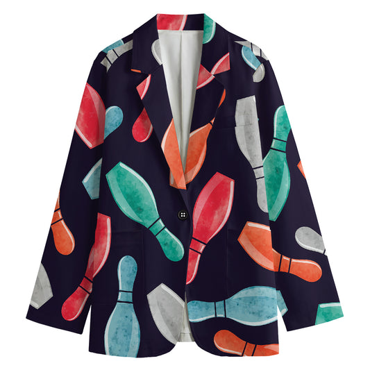 Watercolor Bowling Pins Pattern Print Women's Cotton Blazer