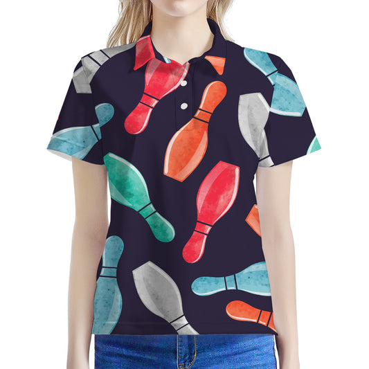 Watercolor Bowling Pins Pattern Print Women's Polo Shirt