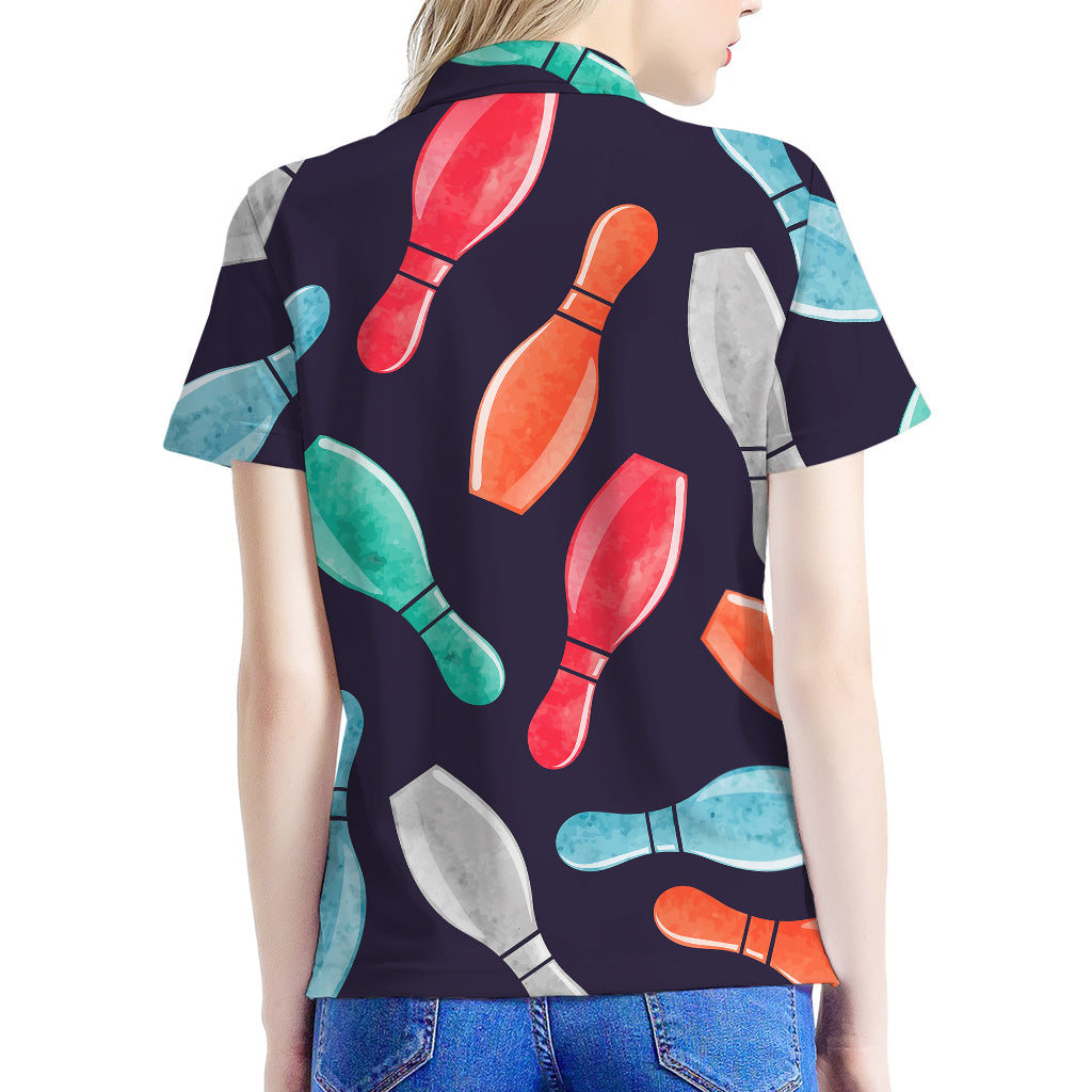Watercolor Bowling Pins Pattern Print Women's Polo Shirt