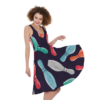 Watercolor Bowling Pins Pattern Print Women's Sleeveless Dress