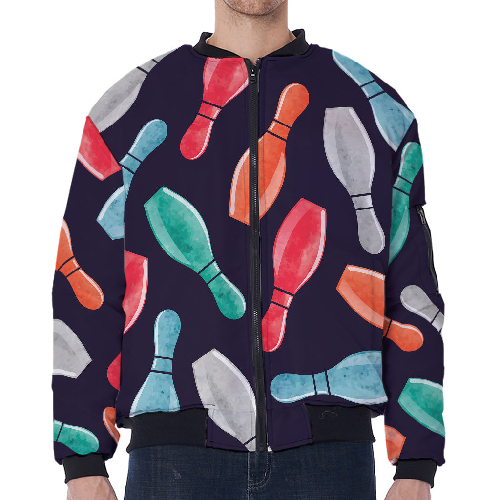 Watercolor Bowling Pins Pattern Print Zip Sleeve Bomber Jacket