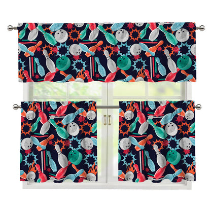 Watercolor Bowling Theme Pattern Print 3 Piece Kitchen Curtains