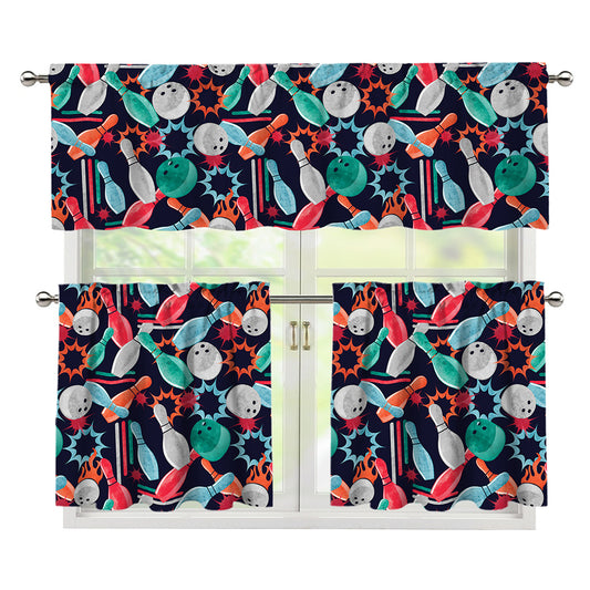 Watercolor Bowling Theme Pattern Print 3 Piece Kitchen Curtains