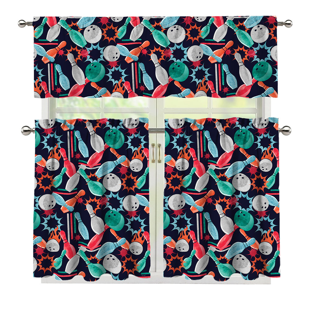 Watercolor Bowling Theme Pattern Print 3 Piece Kitchen Curtains