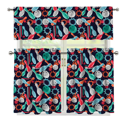 Watercolor Bowling Theme Pattern Print 3 Piece Kitchen Curtains