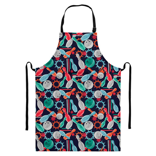 Watercolor Bowling Theme Pattern Print Bib Apron With Pocket