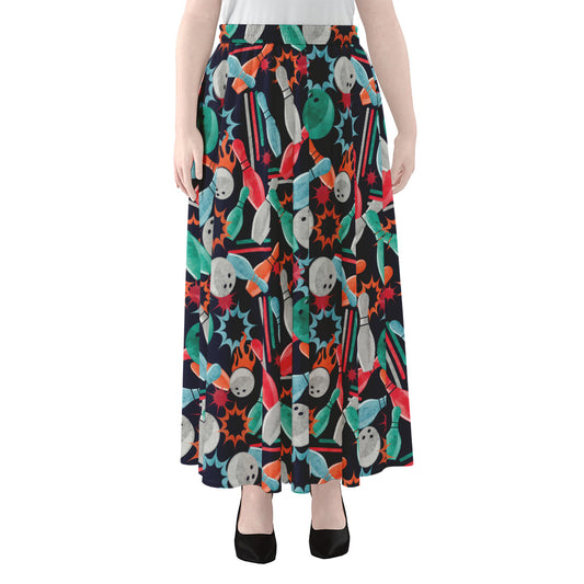 Watercolor Bowling Theme Pattern Print Chiffon Maxi Skirt