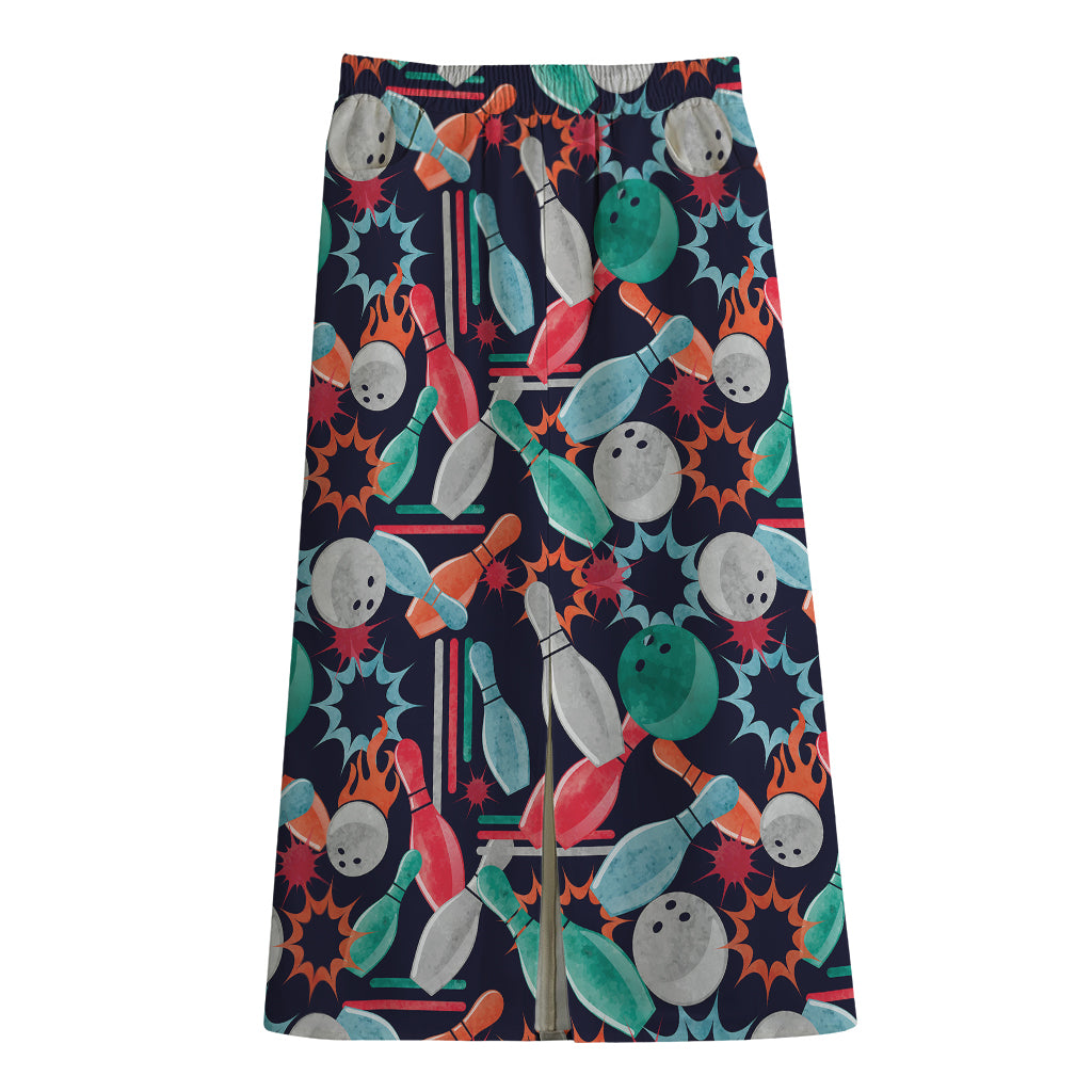 Watercolor Bowling Theme Pattern Print Cotton Front Slit Maxi Skirt