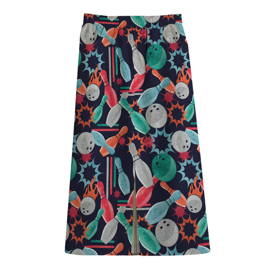 Watercolor Bowling Theme Pattern Print Cotton Front Slit Maxi Skirt