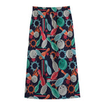 Watercolor Bowling Theme Pattern Print Cotton Front Slit Maxi Skirt