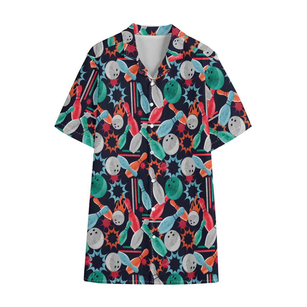 Watercolor Bowling Theme Pattern Print Cotton Hawaiian Shirt