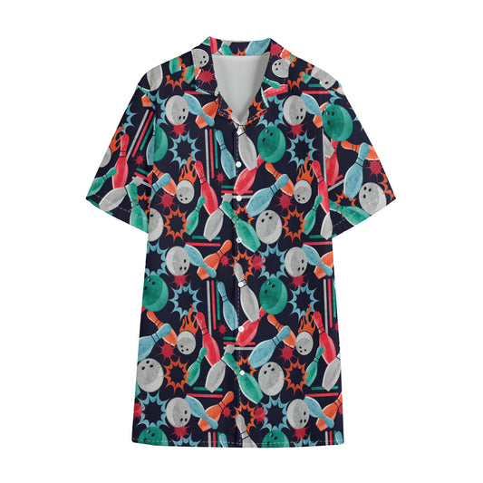 Watercolor Bowling Theme Pattern Print Cotton Hawaiian Shirt